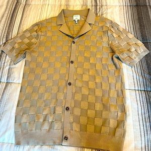 Designer Short-sleeve, Cuban Collar Shirt; Reiss, Taupe, size small